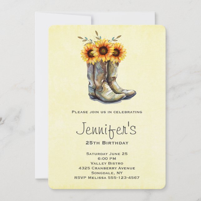 Invitación Boots rústicos de vaquero con girasoles Cumpleaños (Anverso)