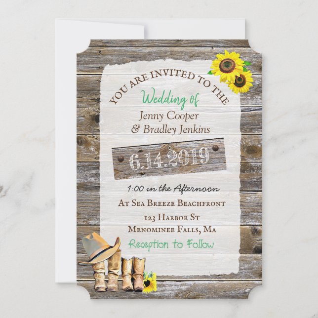 Invitación Boots rústicos de vaquero y Boda de girasol Gorra (Anverso)