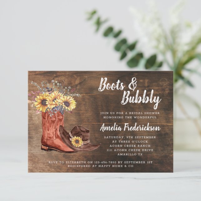 Invitación Boots rústicos de vaquero y ducha de novia burbuje (Anverso de pie)