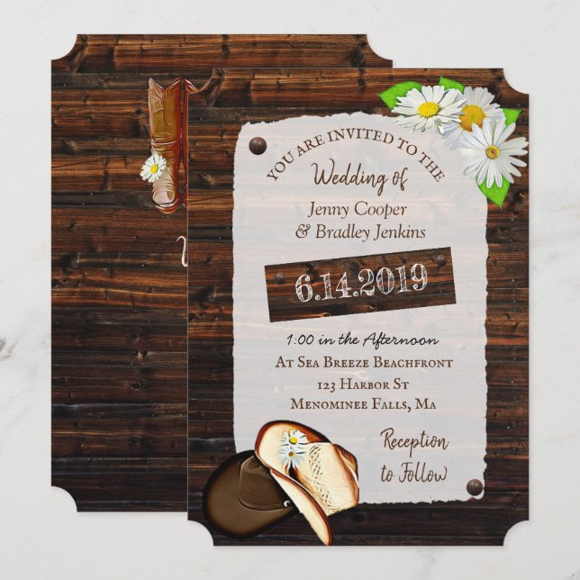 Invitación Boots rústicos de vaqueros, Gorras y Bodas de Dais (Anverso / Reverso)