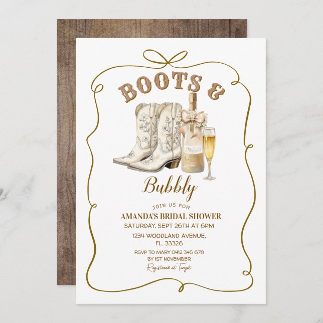 Invitación Boots rústicos y ducha de novia burbujeante (Anverso / Reverso)