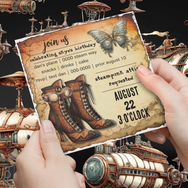 Invitación Boots victorianos | Mariposa Steampunk | Cumpleaño (Steampunk journey boots and steampunk butterfly on customizable party invitation for him or her. )