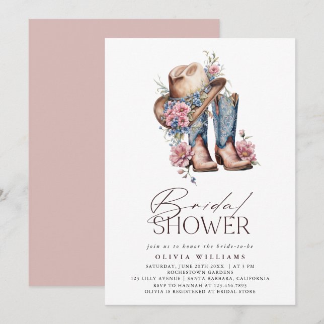 Invitación Boots Western Cowgirl Floral Bridal Shower (Anverso / Reverso)