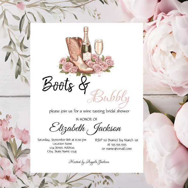 Invitación Boots Wine Floral Boots & Bubbly Bridal Shower (Subido por el creador)