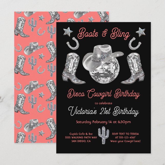 Invitación Boots y Bling Diamante de imitación de Cowgirl (Anverso / Reverso)