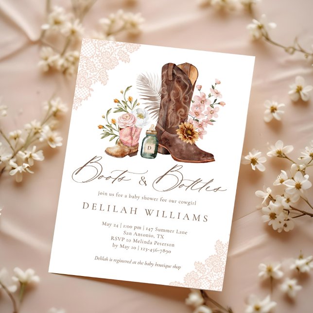 Invitación Boots y botellas niña de vaca rosa Baby Shower occ (Boots & Bottles Pink Cowgirl Western Baby Shower Invitation)