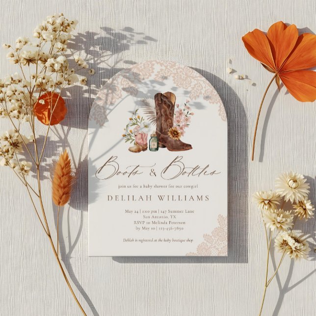 Invitación Boots y botellas niña de vaca rosa Baby Shower occ (Boots & Bottles Pink Cowgirl Western Baby Shower Invitation)