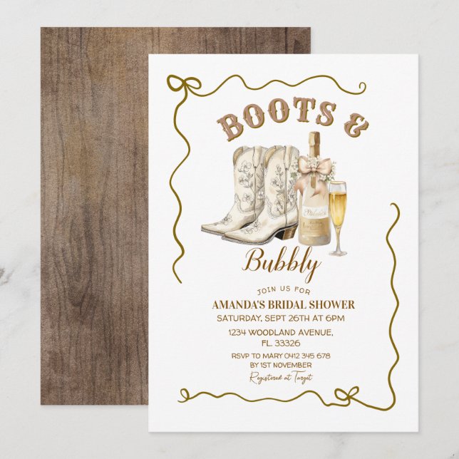 Invitación Boots y Bubbly Bridal Shower Invitación, (Anverso / Reverso)