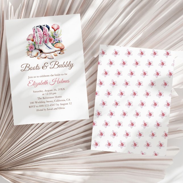 Invitación Boots y Bubbly Costal Cowgirl Bridal Shower Invi (Boots and Bubbly Costal Cowgirl Bridal Shower Invi Invitation on a sunny white dry palm leaf.)