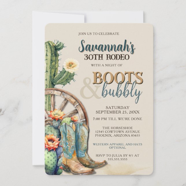 Invitación Boots y Bubbly Country Cowgirl Cumpleaños Occident (Anverso)