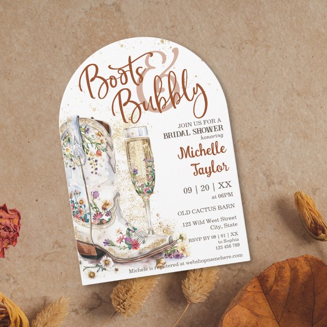 Invitación Boots y Bubbly Western Bride Wild West Country (boots and bubbly bridal shower invitation with cowboy boots with flowers and champagne glass)