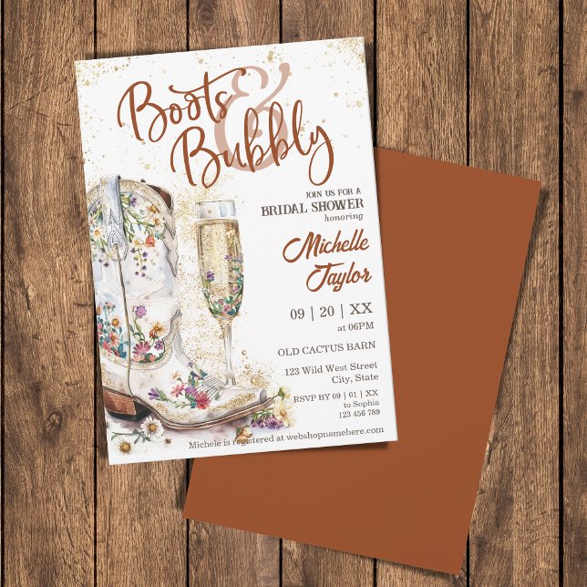 Invitación Boots y Bubbly Western Bride Wild West Country (boho terracotta cowgirl boots bridal shower)