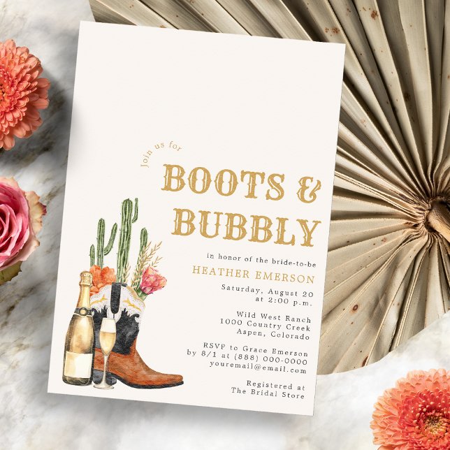 Invitación Boots y burbuja de la ducha de novias (Champagne Boots and Bubbly Bridal Shower Invitation
)
