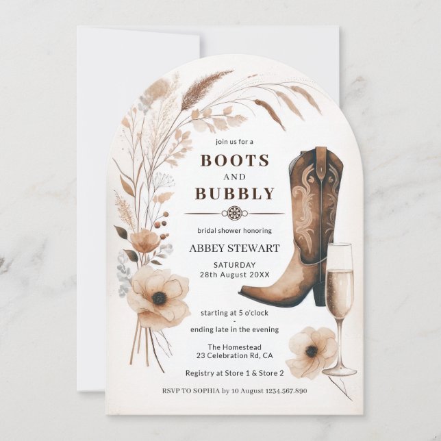 Invitación Boots y burbujas de ducha de novias invitan al arc (Anverso)
