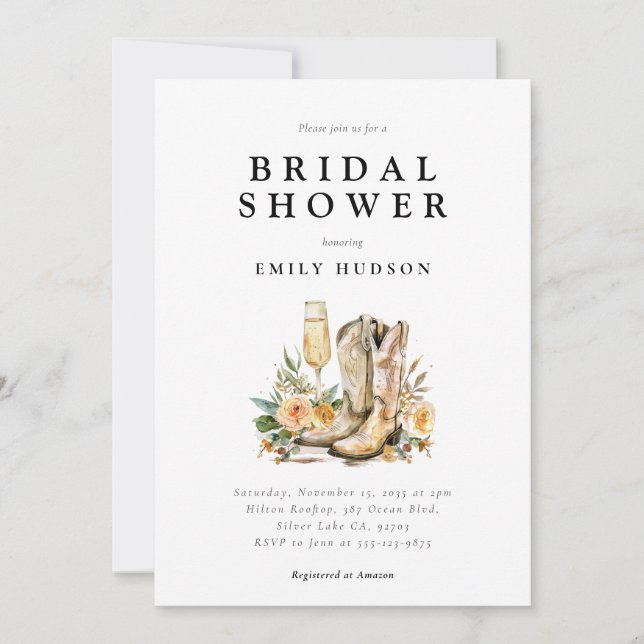 Invitación Boots y burbujas en la ducha de novias occidental (Anverso)