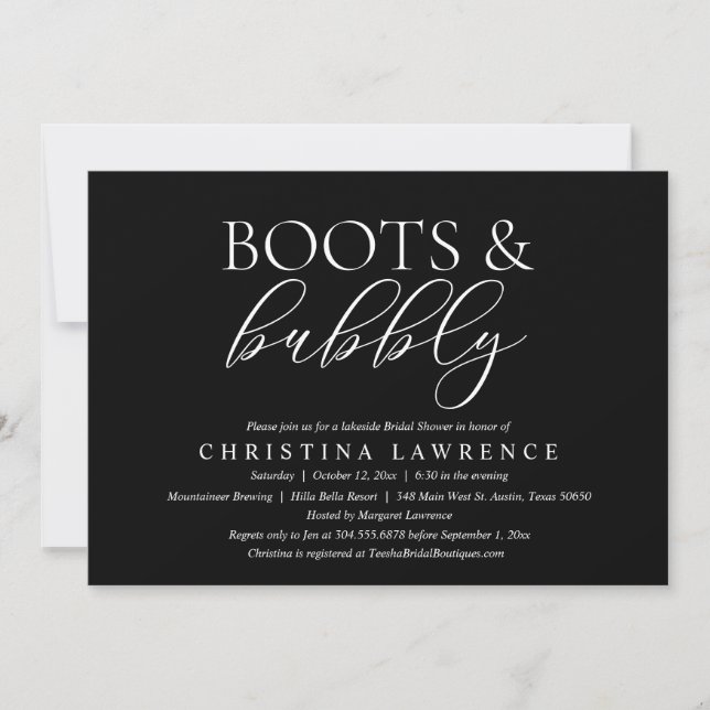 Invitación Boots y burbujas, novia por ser, ducha de novias (Anverso)