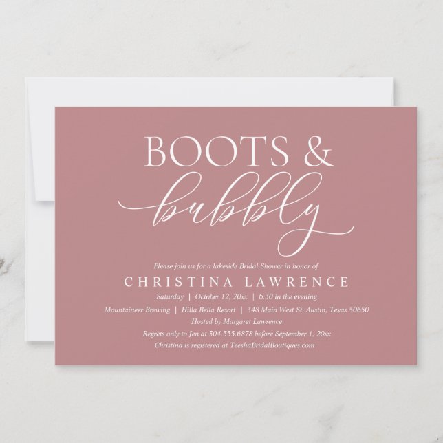 Invitación Boots y burbujas, novia por ser, ducha de novias (Anverso)