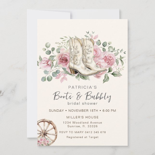 Invitación Boots y chaqueta rosa burbuja de ducha de novias (Anverso)
