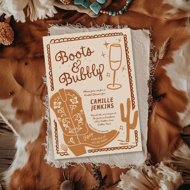 Invitación Boots y escurrimiento a mano de ducha de novia (Boots and Bubbly Hand Drawn Bridal Shower Invitation)