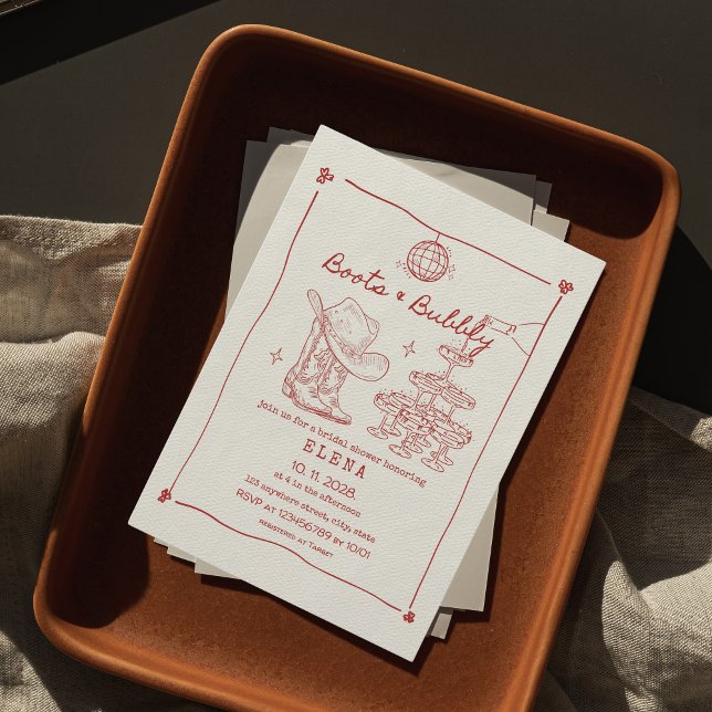 Invitación Boots y escurrimiento a mano de ducha de novia roj (boots & bubbly bridal shower invitation last rodeo hand drawn red )