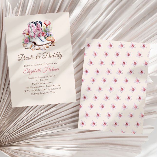 Invitación Boots y espuma de gallina costal (Boots and Bubbly Costal Cowgirl Bridal Shower Invitation on a white dry palm leaf.)