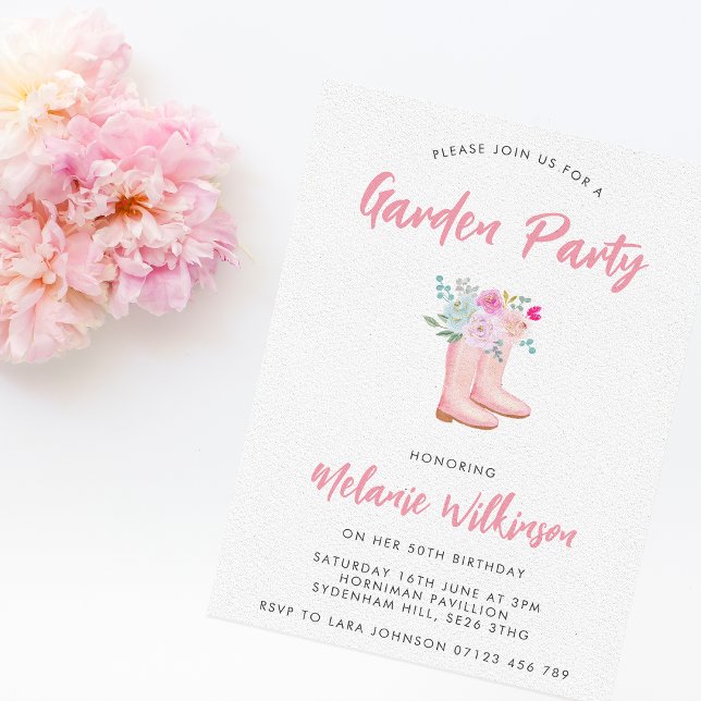Invitación Boots y flores de lluvia rosada Fiesta cumpleaños (Subido por el creador)