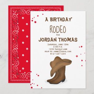 Invitación Boots y Gorra de Cowboy Red Bandana Cute de Cumple