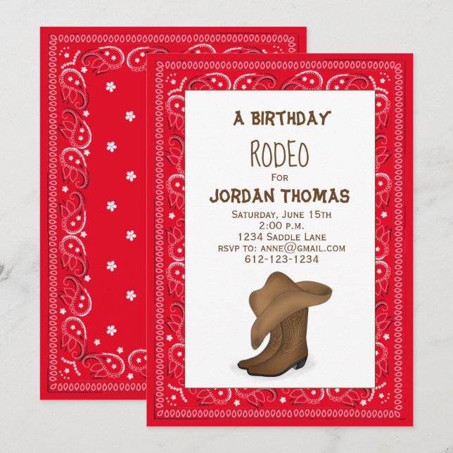 Invitación Boots y Gorra de Cowboy Red Bandana Cute de Cumple (Anverso / Reverso)