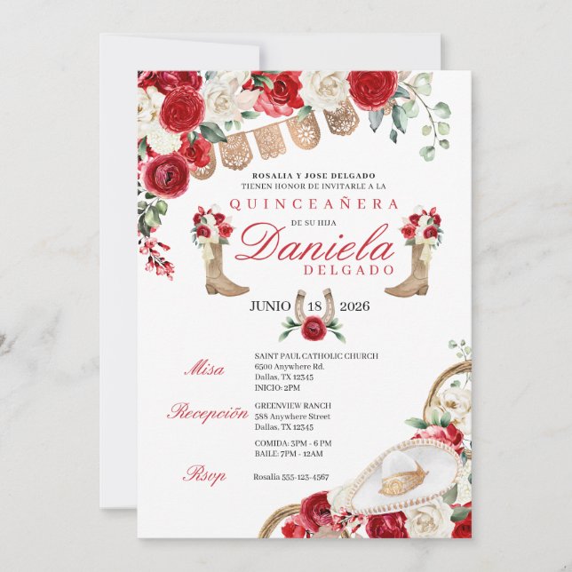 Invitación Boots y pistas de la chica roja Mariachi Quinceañe (Anverso)