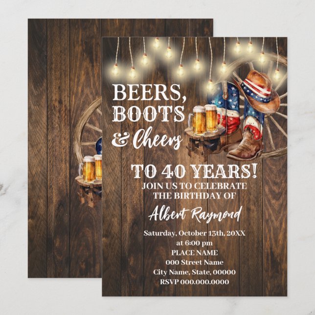 Invitación Boots y vítores de cerveza patriótica cumpleaños (Anverso / Reverso)