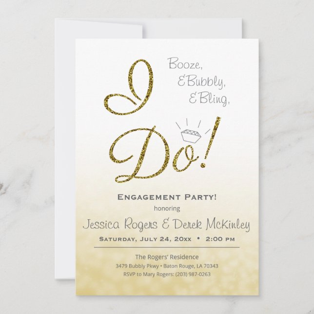 Invitación Booze, Bubbble & Bling, hago una fiesta de comprom (Anverso)