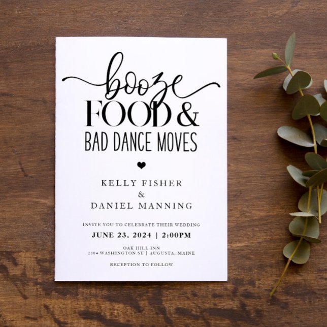 Invitación Booze Food and Bad Dance Moves Wedding Invitation (Subido por el creador)