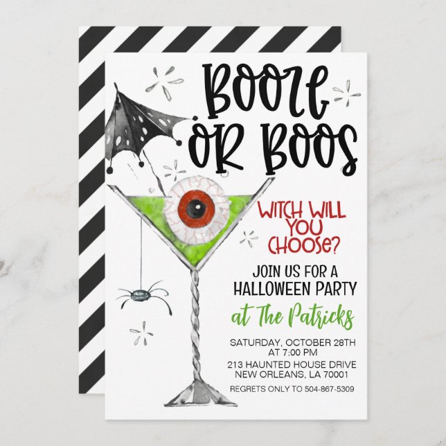 Invitación Booze o Boos Halloween Party (Anverso / Reverso)