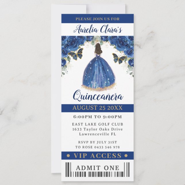 Invitación Boquete VIP Royal Blue Floral Quinceañera Sweet 16 (Anverso)