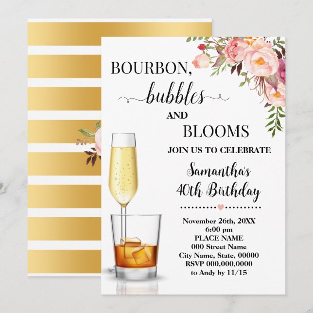 Invitación Borbón, burbujas y florecimiento Adultos Cumpleaño (Anverso / Reverso)