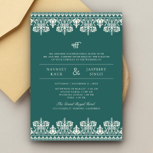Invitación Bordado Damask Marfil Verde Acuático Boda Sikh Ana