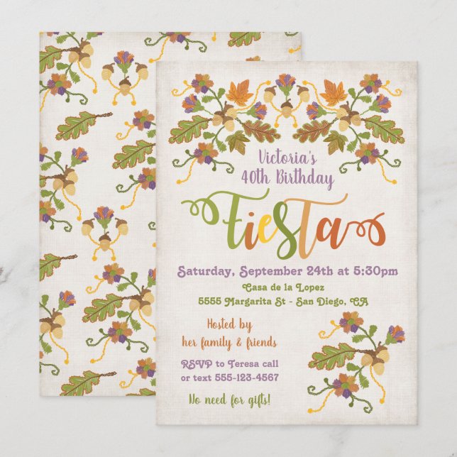 Invitación Bordado de Arte Popular Fiesta Mexicana Cumpleaños (Anverso / Reverso)