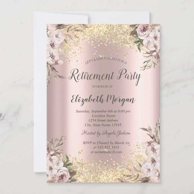 Invitación Bordado de lentejuelas doradas flores boho jubilac (Anverso)