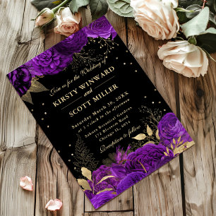 Invitación Bordado floral de rosas púrpura y dorado para boda