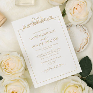 Invitación Bordado Floral Dorado Monograma Boda