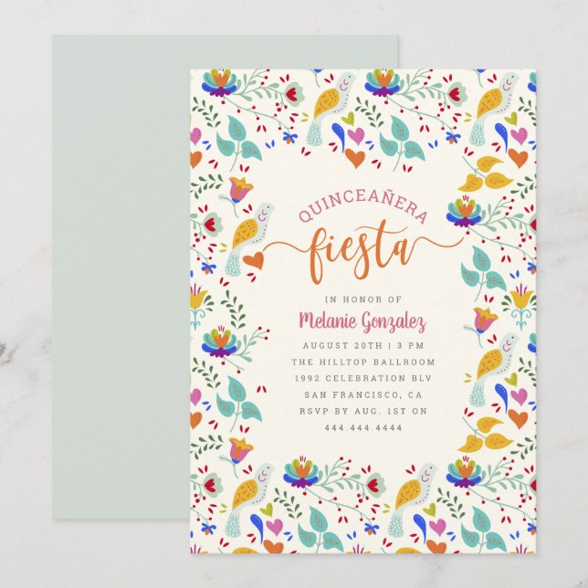 Invitación Bordado floral mexicano Quinceañera Fiesta (Anverso / Reverso)