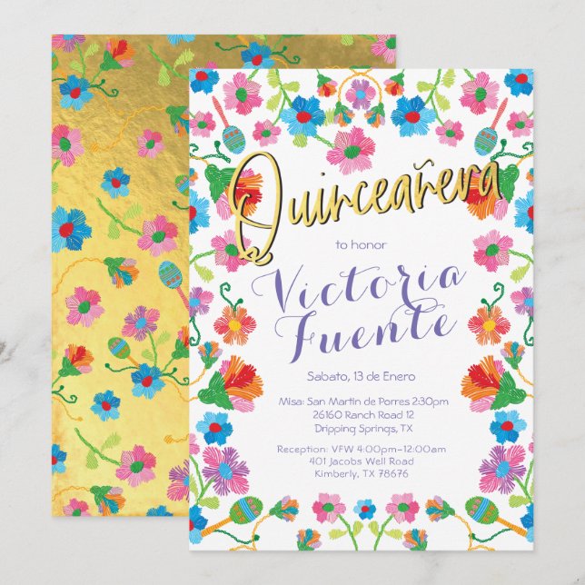 Invitación Bordado Floral Quinceañera México Español (Anverso / Reverso)