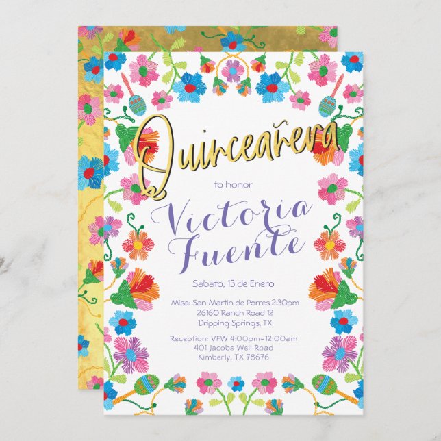 Invitación Bordado Floral Quinceañera México Español (Anverso / Reverso)