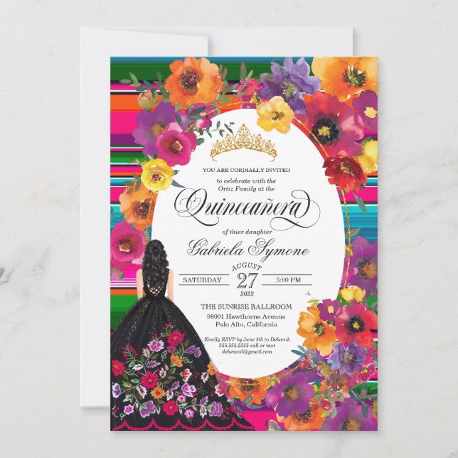 Invitación Bordado mexicano Huipil Vestido Floral Quinceanera (Anverso)