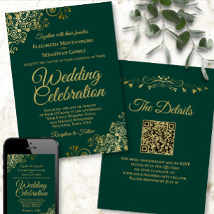Invitación Bordados dorados esmeralda verde elegante código Q