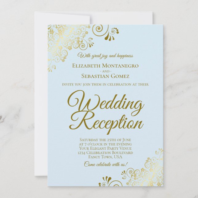 Invitación Bordados Dorados y Azul Pálido Recepción de Boda E (Anverso)
