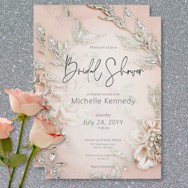 Invitación Bordados modernos de satén rosado y ducha de novia (Modern Pink Satin Embroidery & Glam Bridal Shower Invitation)