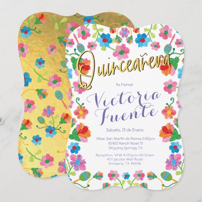 Invitación Bordario Floral Quinceañera México Español (Anverso / Reverso)