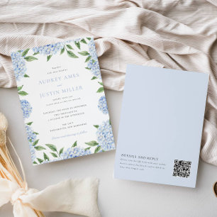 Invitación Borde azul de hidrangea, código QR en la parte pos