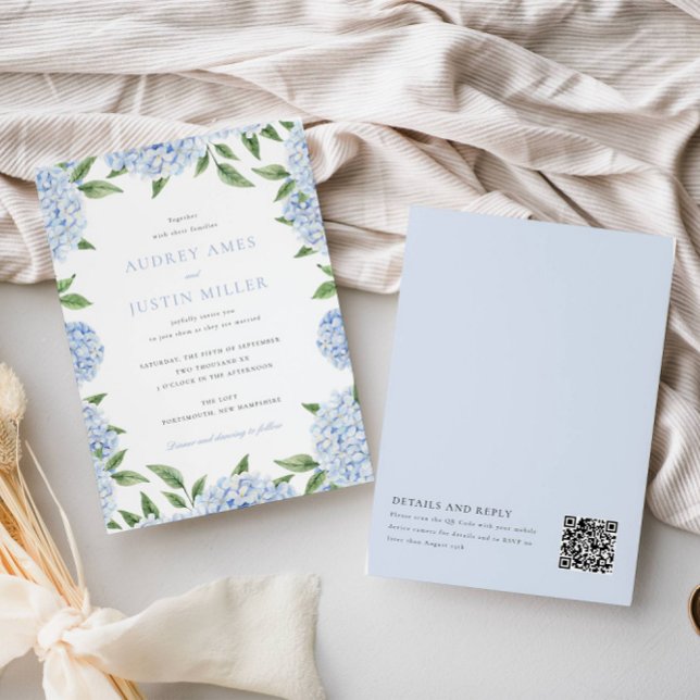 Invitación Borde azul de hidrangea, código QR en la parte pos (Subido por el creador)
